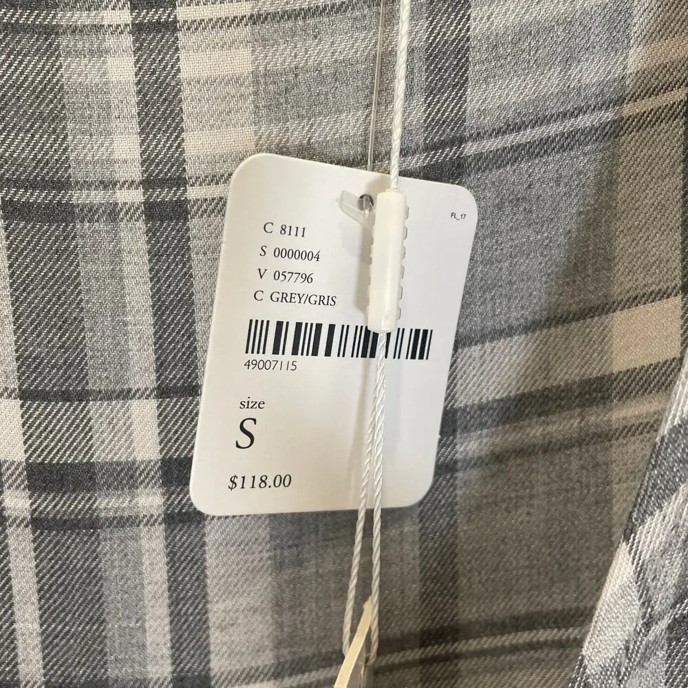 Free People Delacy Gray White Plaid Print Wrap Shirt‎ Long Sleeve NWT S